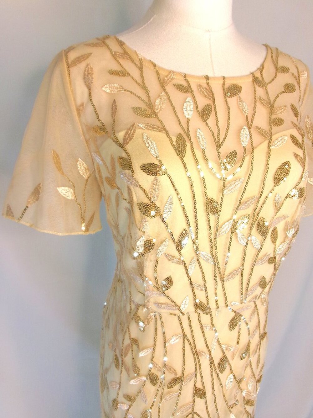 Ever Pretty Gold Sequin Embroidered Formal Gown Womens 16 Art Deco Mesh Dress NW
